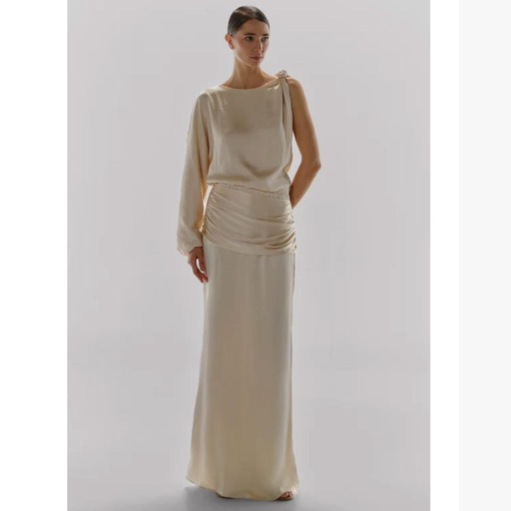 Baobab | Cream "Cosmic" satin one-shoulder maxi drape gown dress | Size XS | NWT